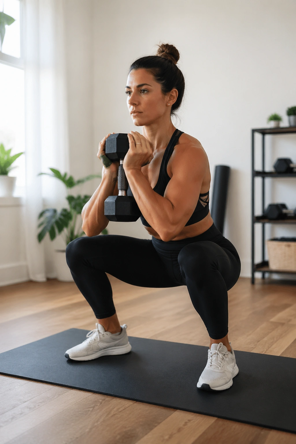 Person performing goblet squat in a small home gym