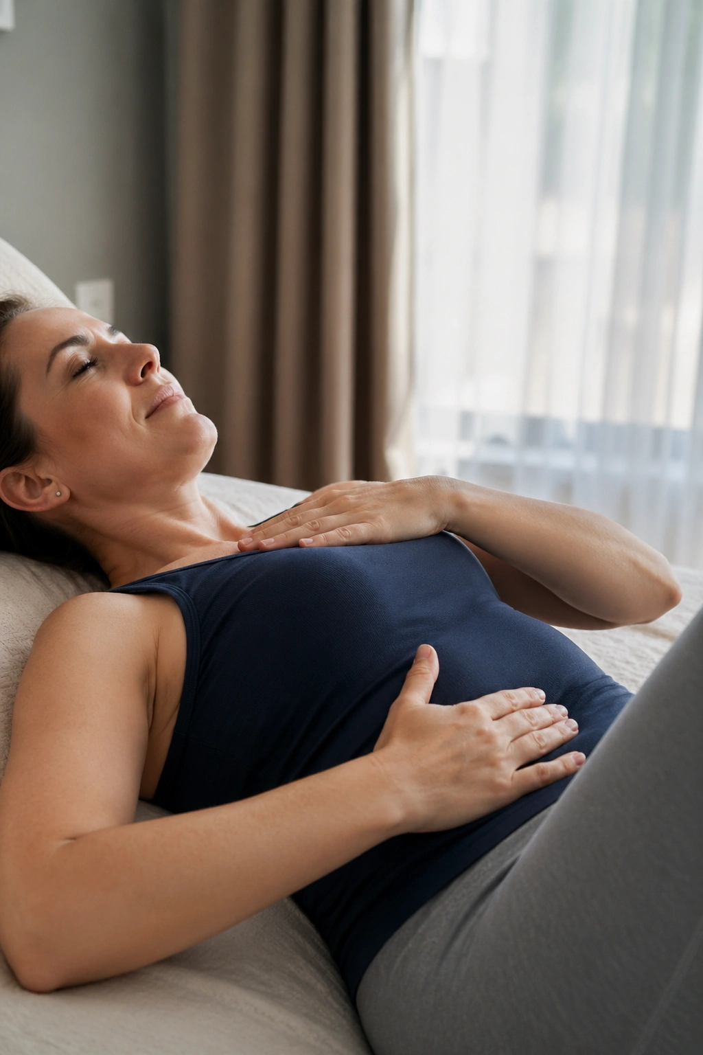Postpartum mom practicing 360 breathing with rib expansion, torso close-up in a softly lit bedroom