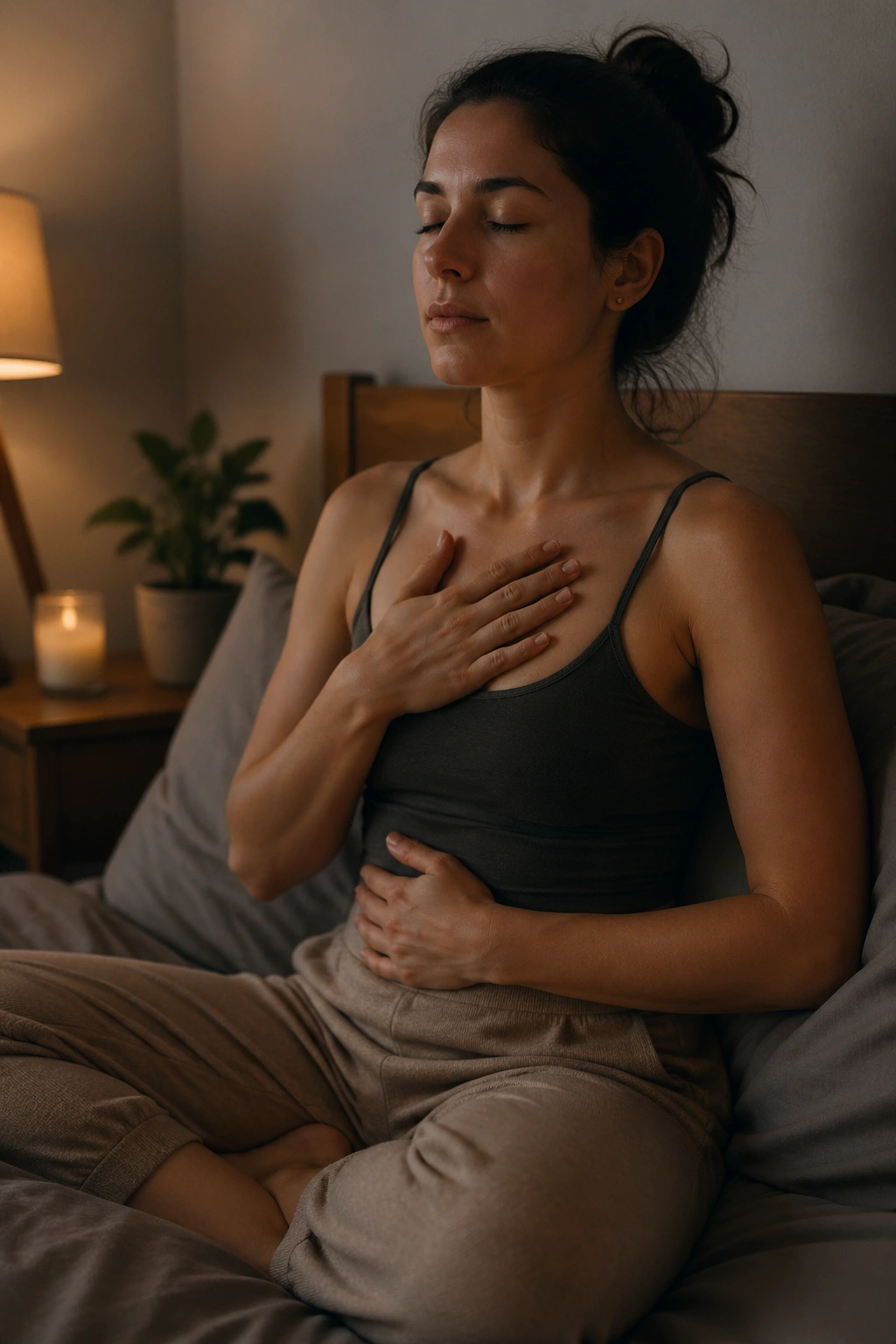 Close-up of a person practicing 4-7-8 breathing with back supported