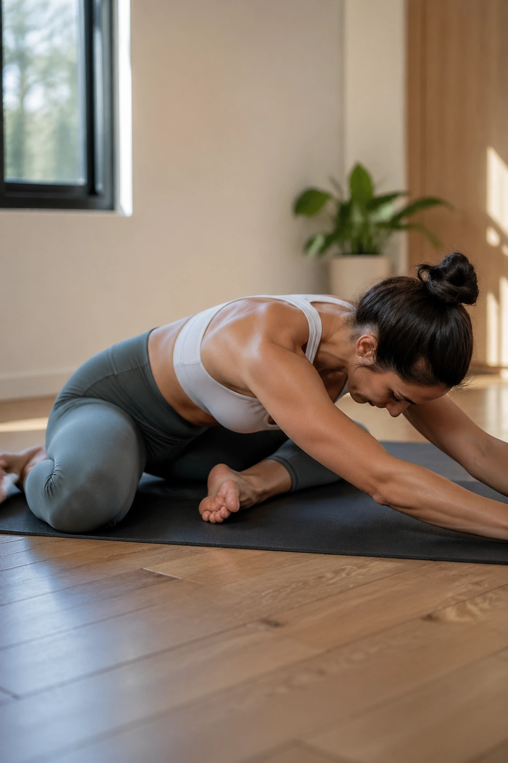 Real person in 90/90 forward fold on a mat