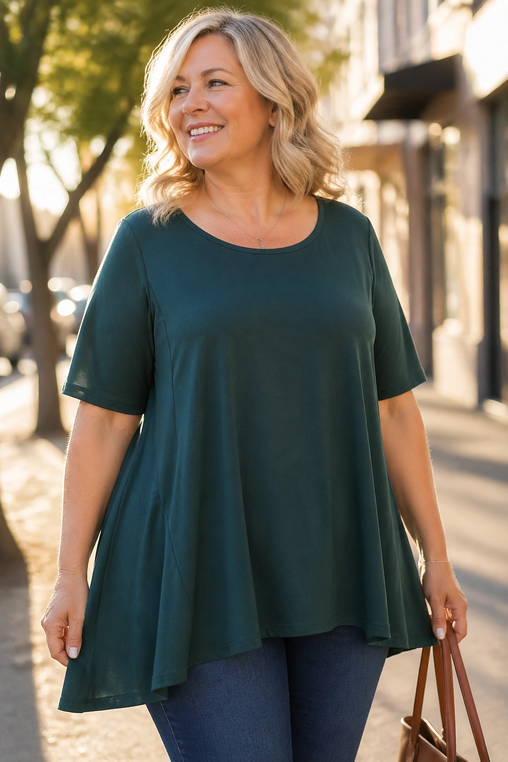 Portrait of a real woman in an A-line swing top with gentle flare