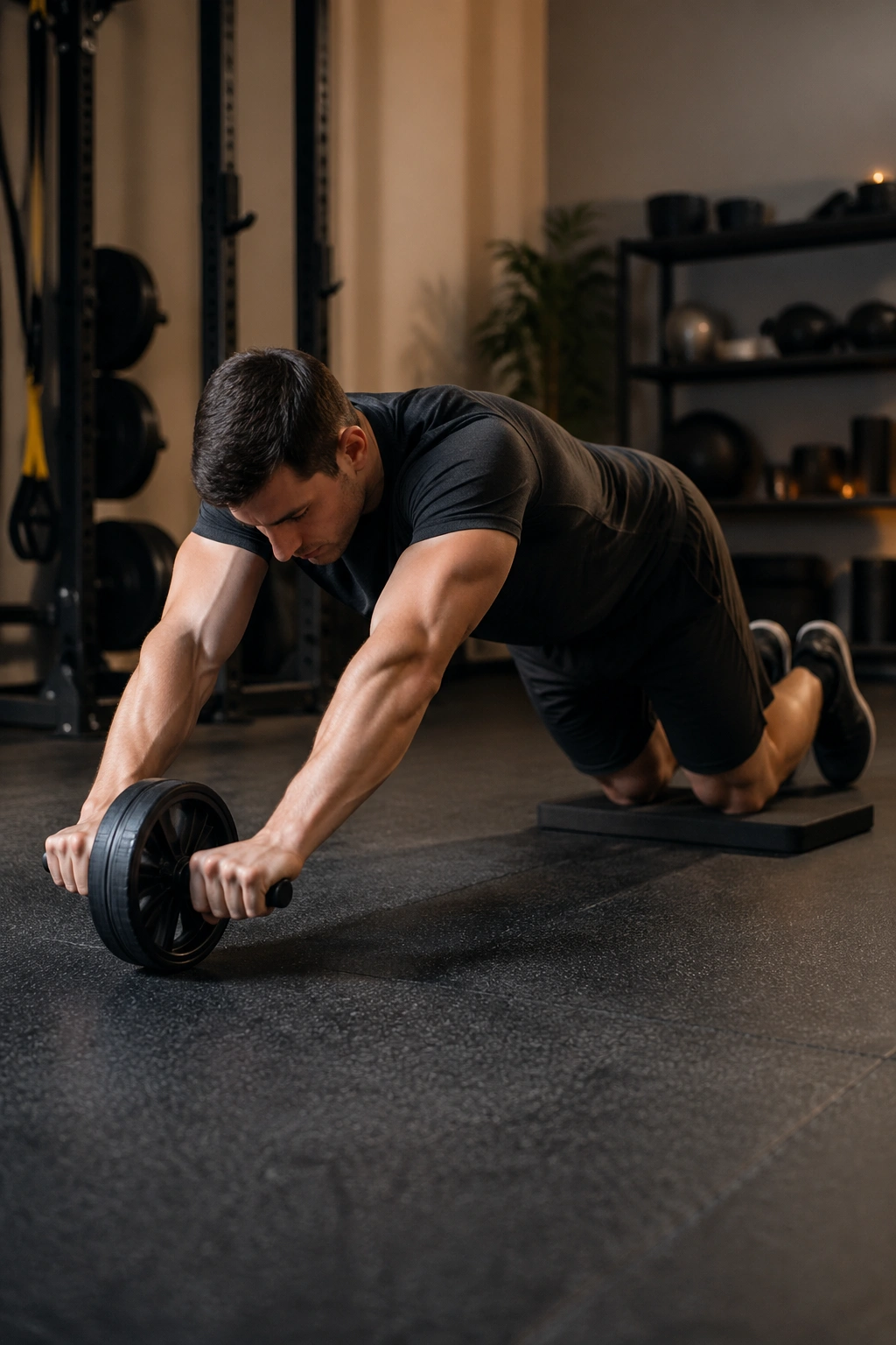 Person performing an ab wheel rollout with a braced core