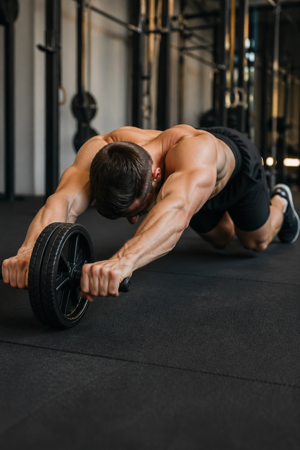 Person performing ab wheel rollout with proper brace, maintaining a straight spine