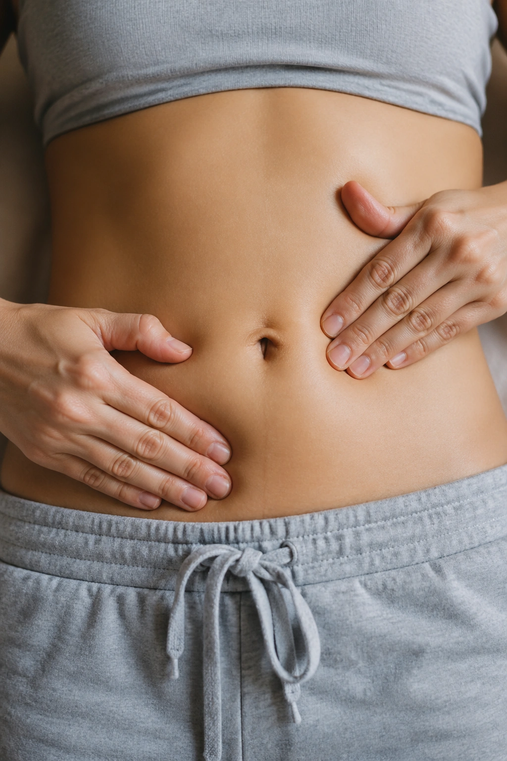 Fingers applying acupressure around the abdomen