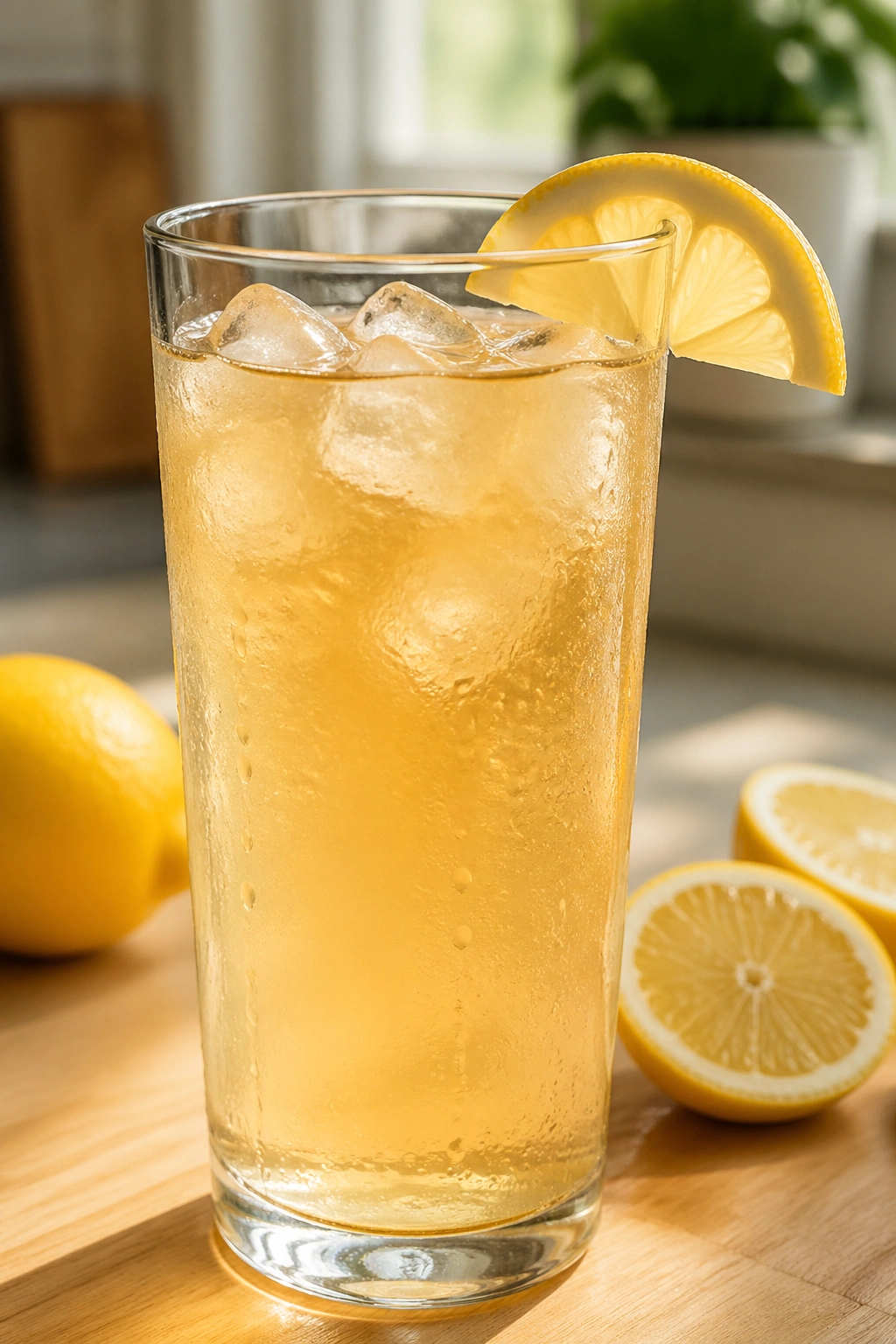 Close-up of ACV water with lemon in a glass on a kitchen counter