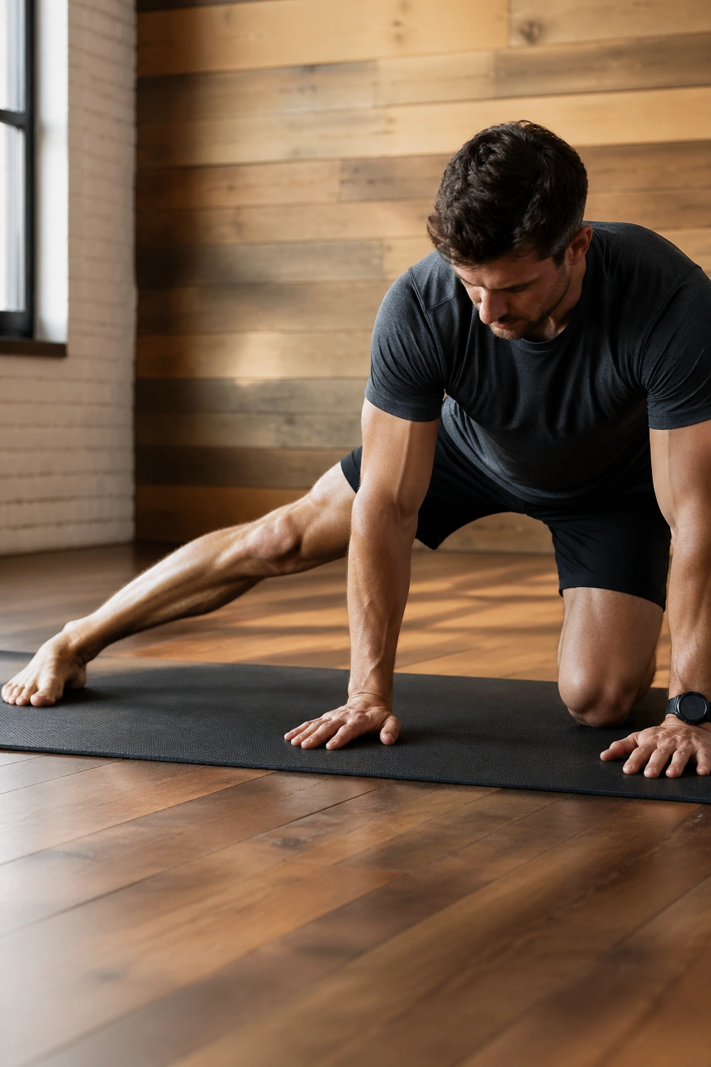 Close-up of adductor rockback stretch showing inner thigh lengthening on a gym mat