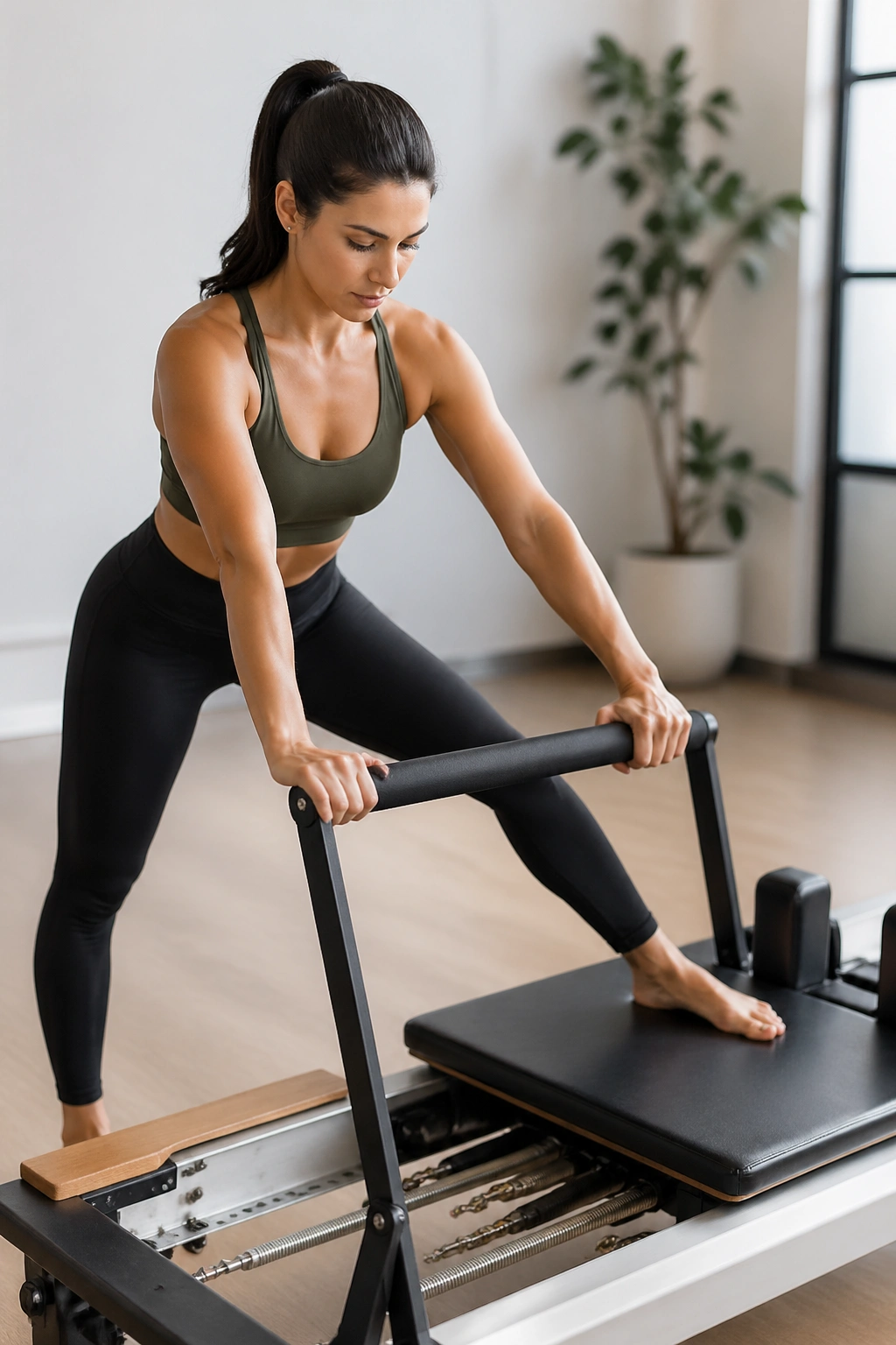 Adductor slide-ins on reformer with hands on bar and sliding leg.