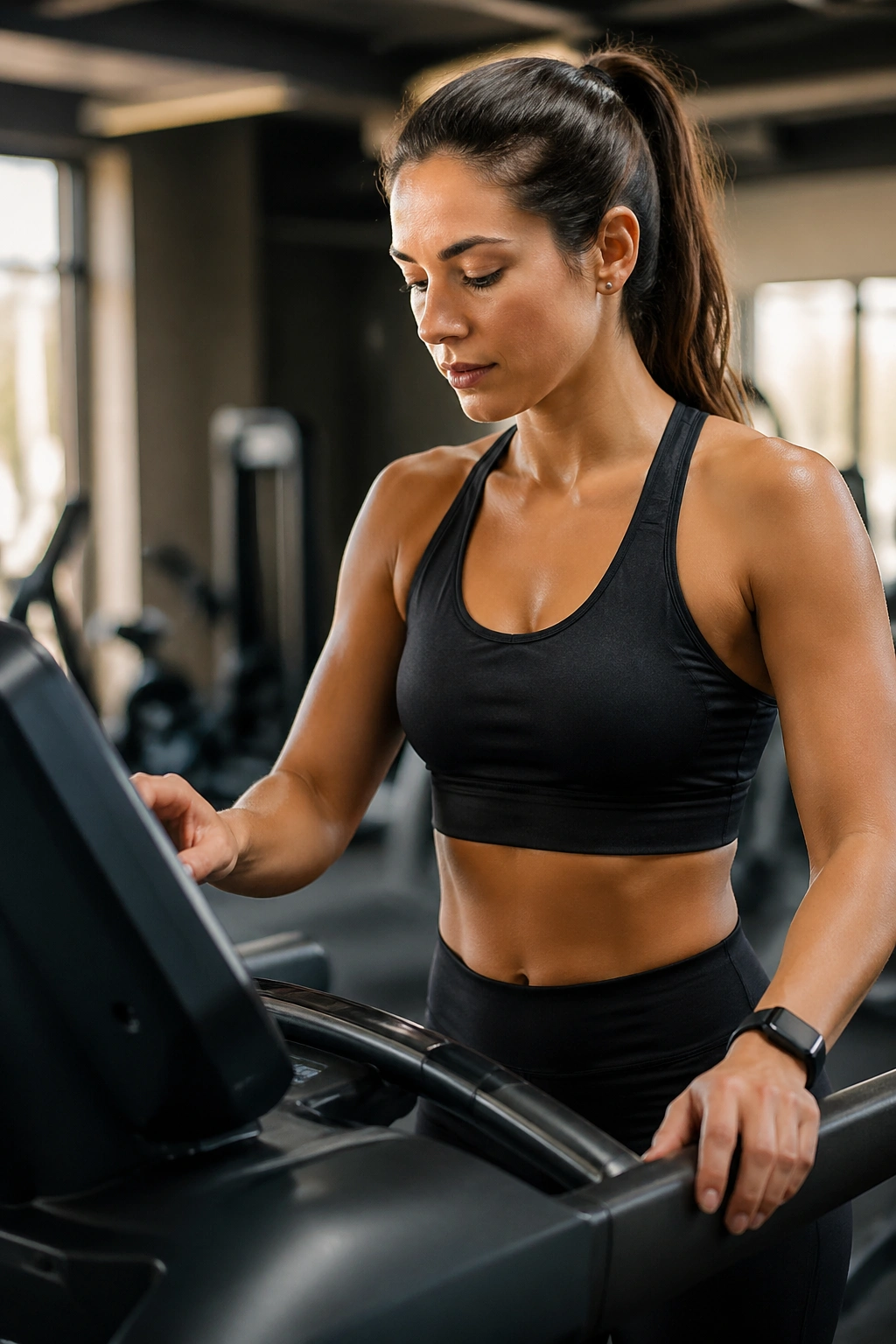 Woman adjusting workout intensity on treadmill in gym