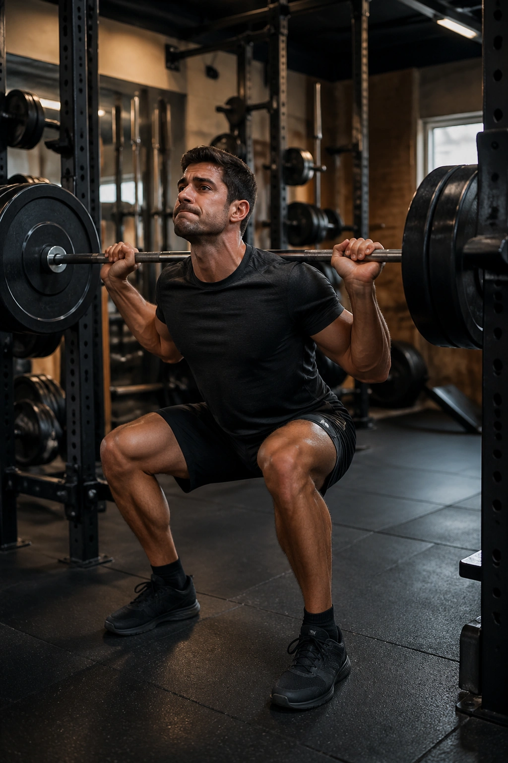 Athlete performing back squat in gym with proper depth