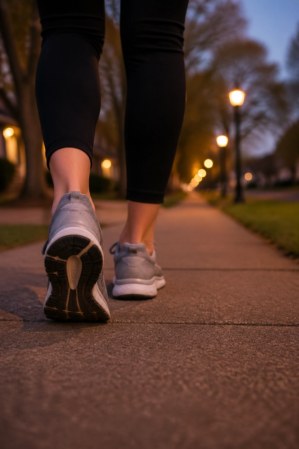 Real person's legs and feet mid-step after dinner on a sidewalk at dusk