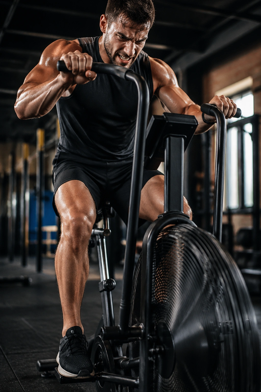Person intensely pedaling on an air bike in a gym
