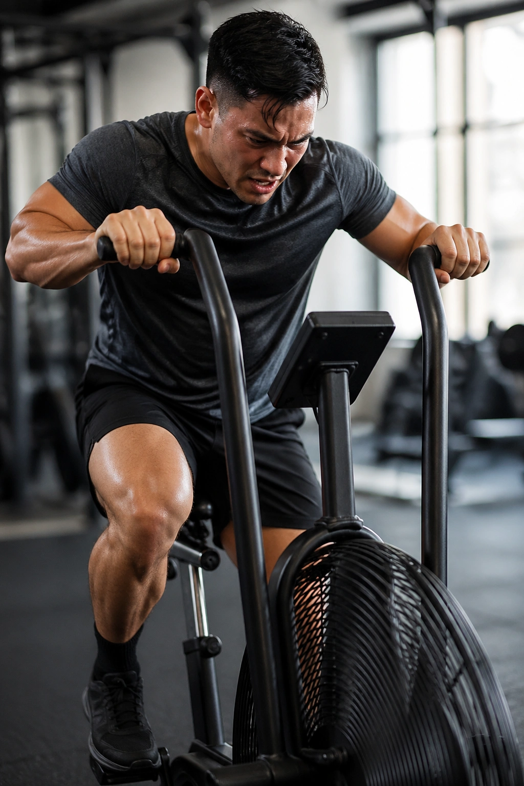 Person on an air bike performing calorie repeats