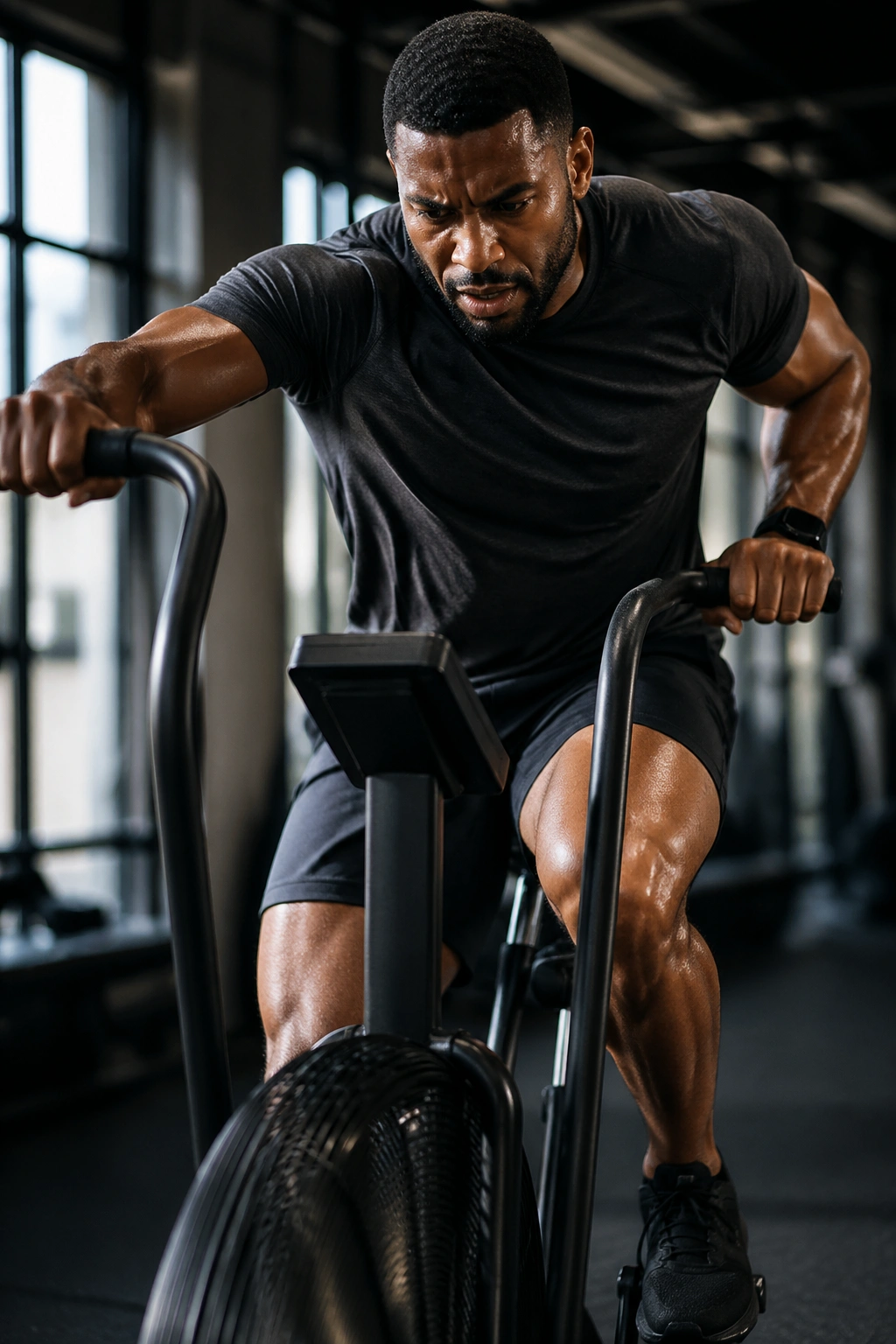 Close-up of a person sprinting on an air bike in a gym