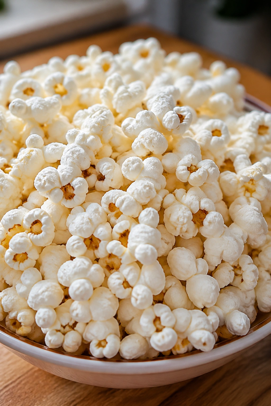 Close-up of air-popped popcorn filling a bowl on a wooden counter