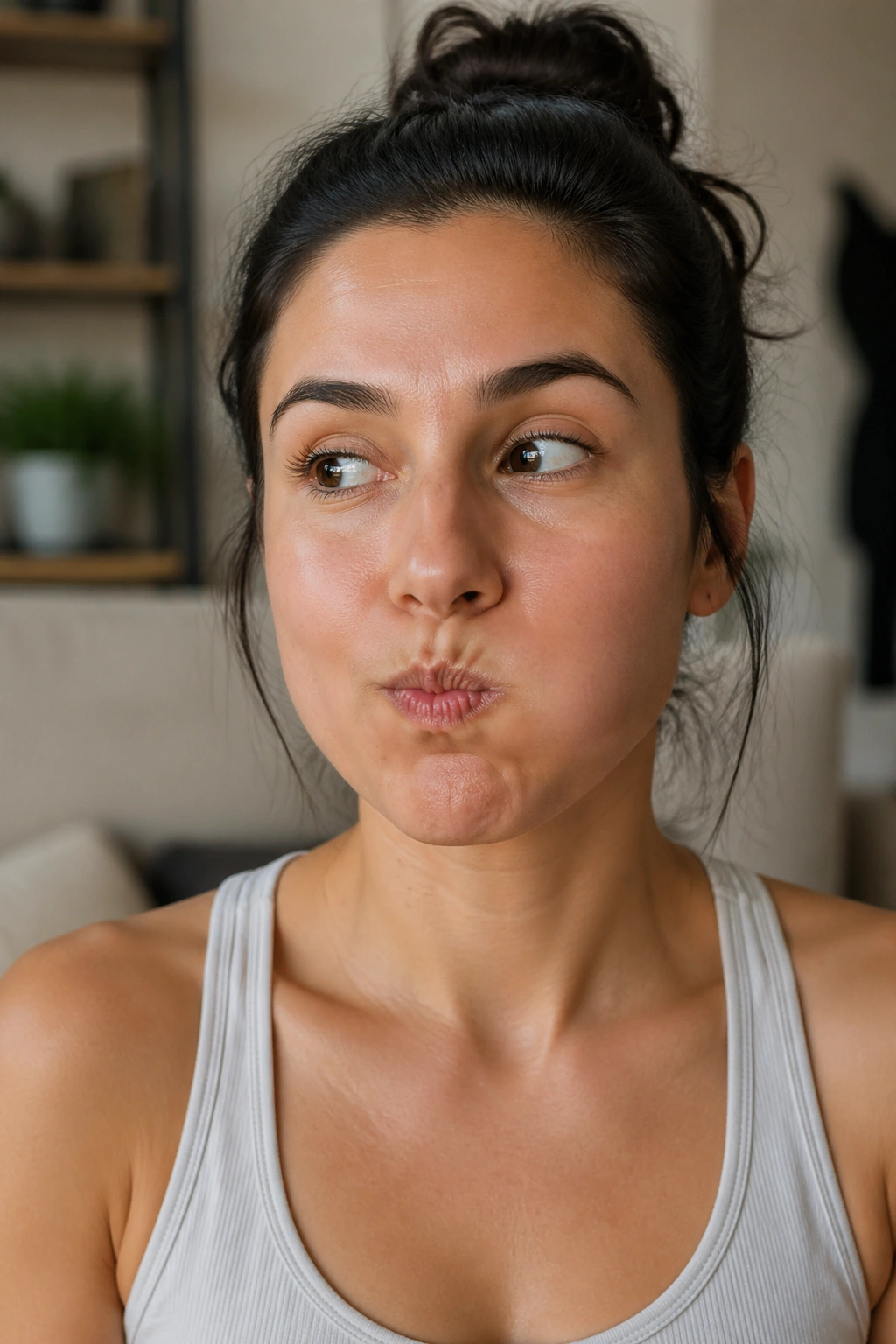 Close-up of a real person performing Air Swaps From Cheek to Cheek to balance facial muscles.