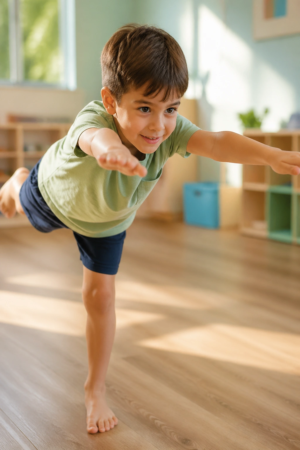 Child in Airplane Pose balancing on one leg with arms like wings in a sunlit classroom