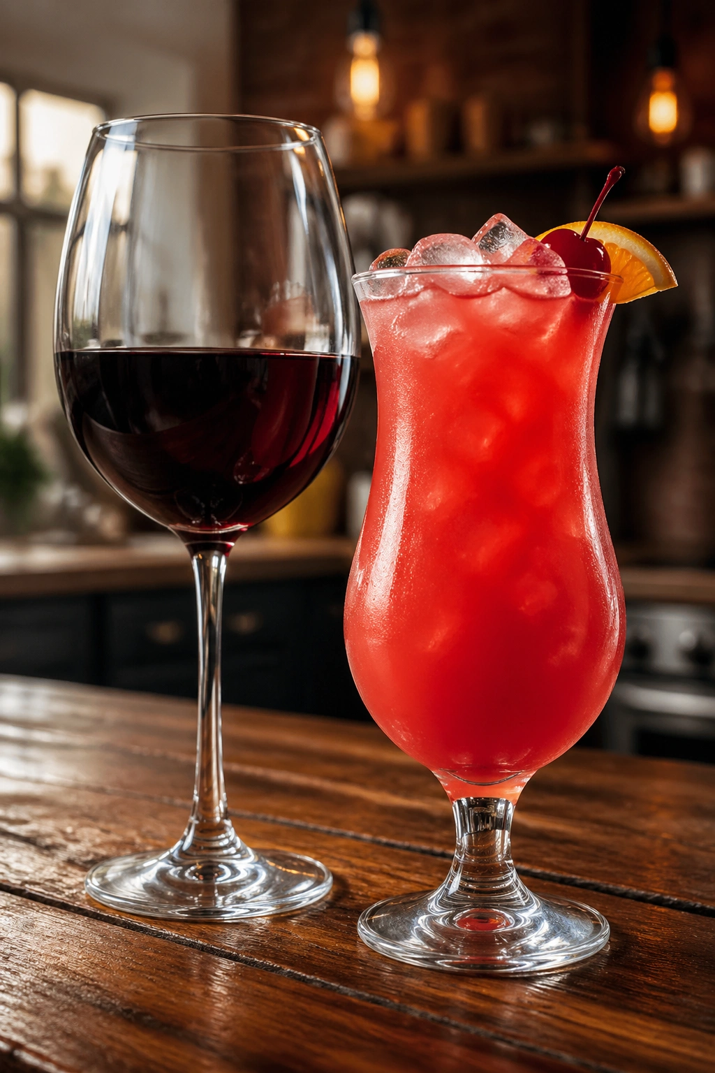 Two glasses of wine and a cocktails on a wooden bar in warm kitchen lighting