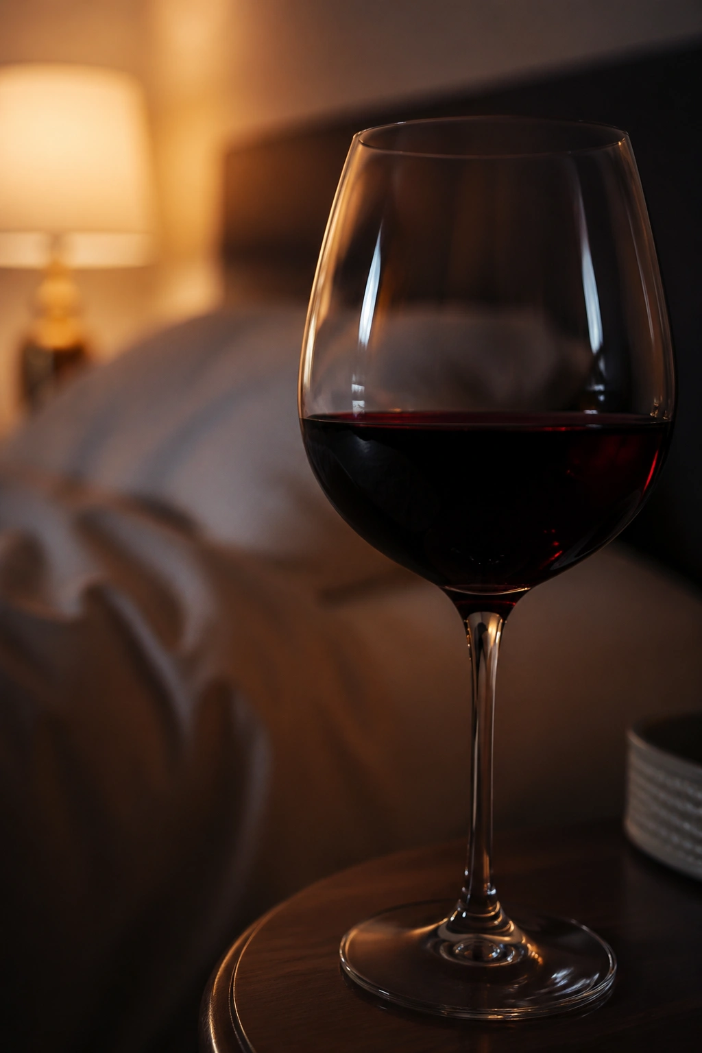 Glass of wine on a bedside table in a dim bedroom