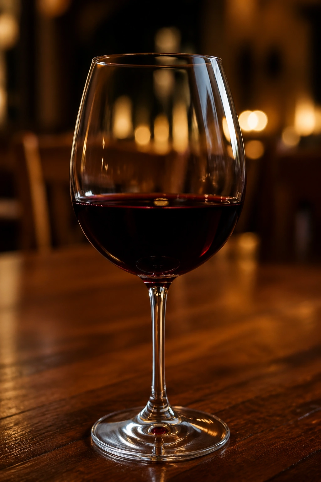 Close-up of a wine glass on a dim table, illustrating alcohol awareness.