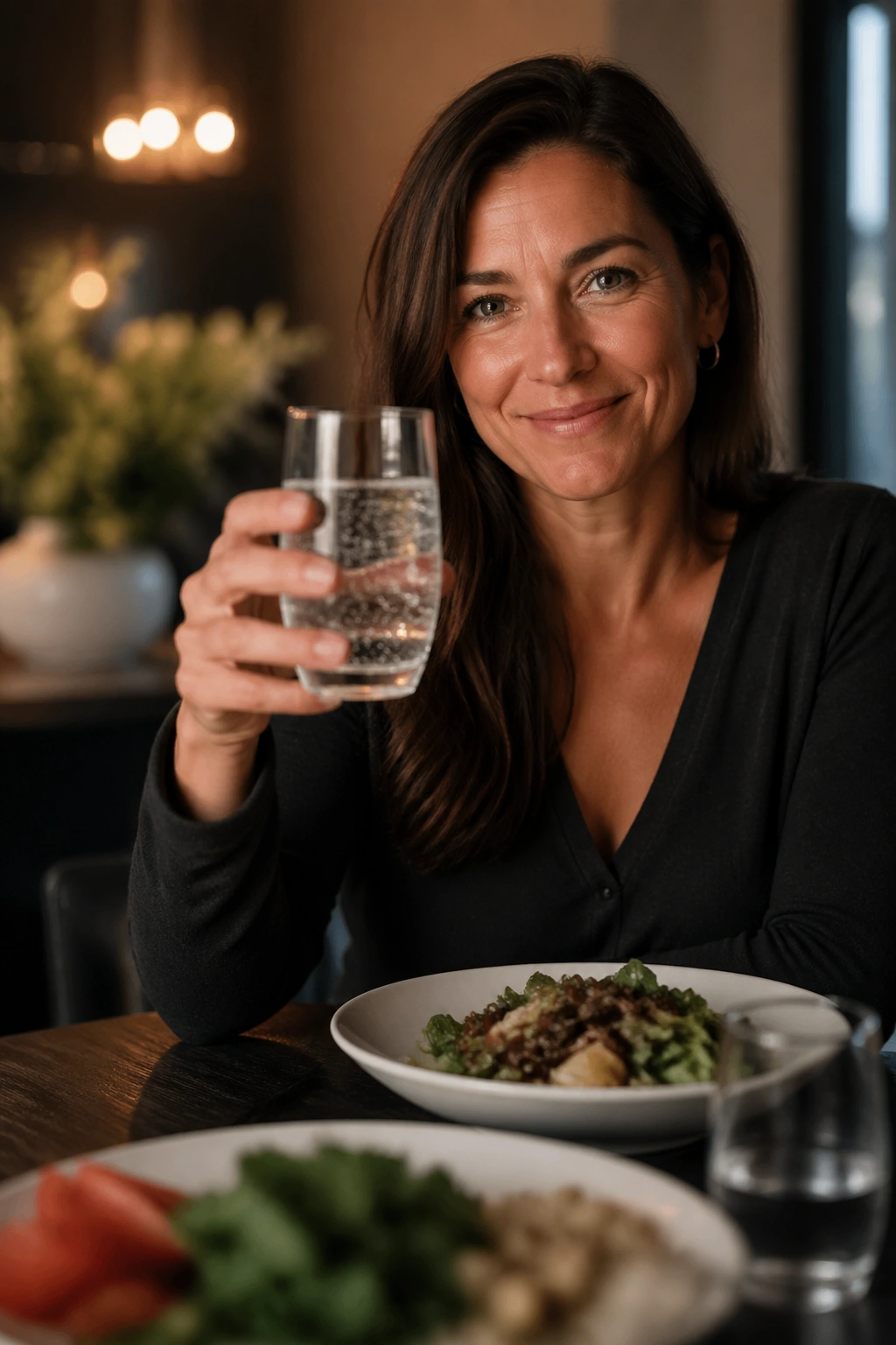 Person choosing sparkling water over alcohol at dining table