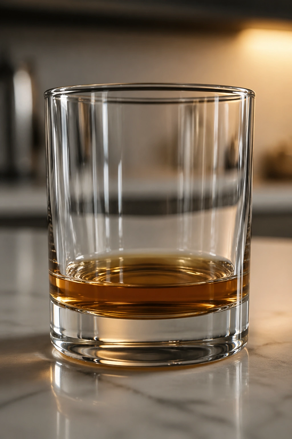 Close-up of a glass with amber liquid on a plain surface.