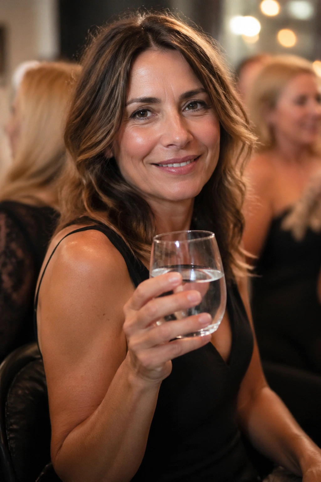 Real woman at a social event holding a water glass instead of alcohol