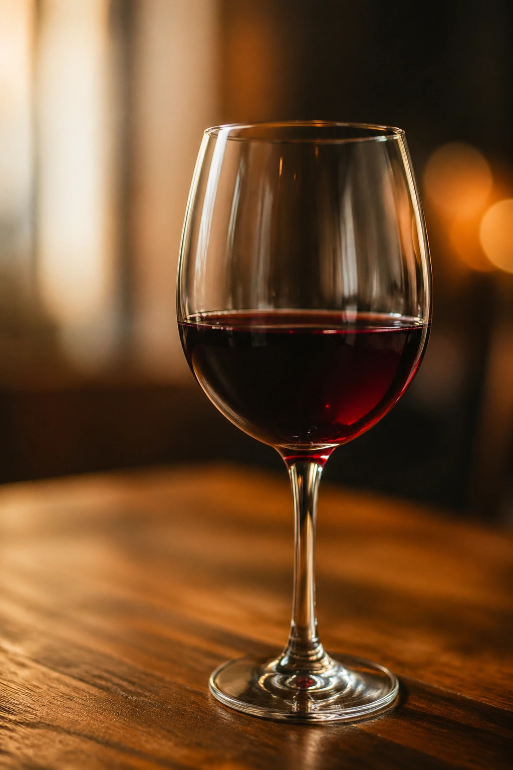 Close-up of a glass of red wine on a wooden table under warm light