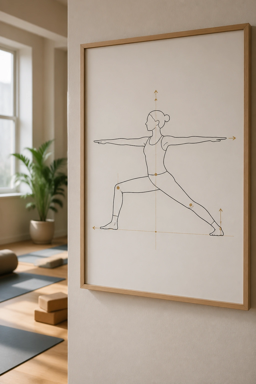 Poster with simple alignment cues on a yoga studio wall.