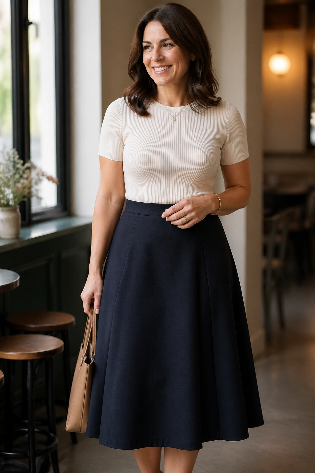 Real woman in an A-line midi skirt and fitted knit top, waist defined.