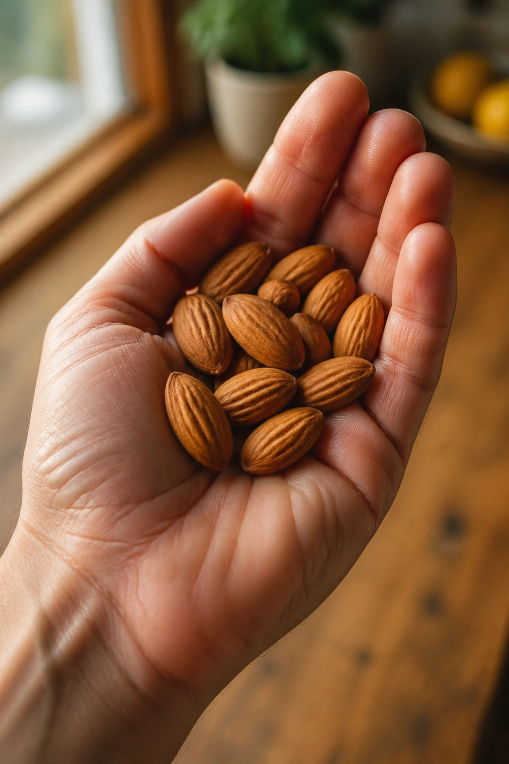 Hand holding a small handful of almonds