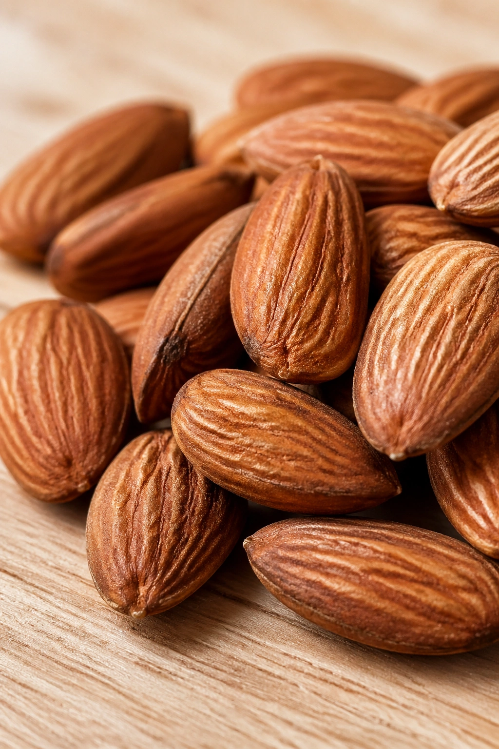 Pile of almonds on a wooden surface filling the frame