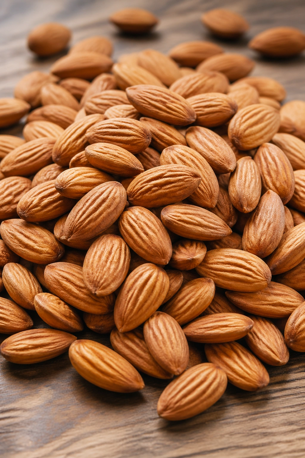 Close-up of raw almonds piled on a wooden surface