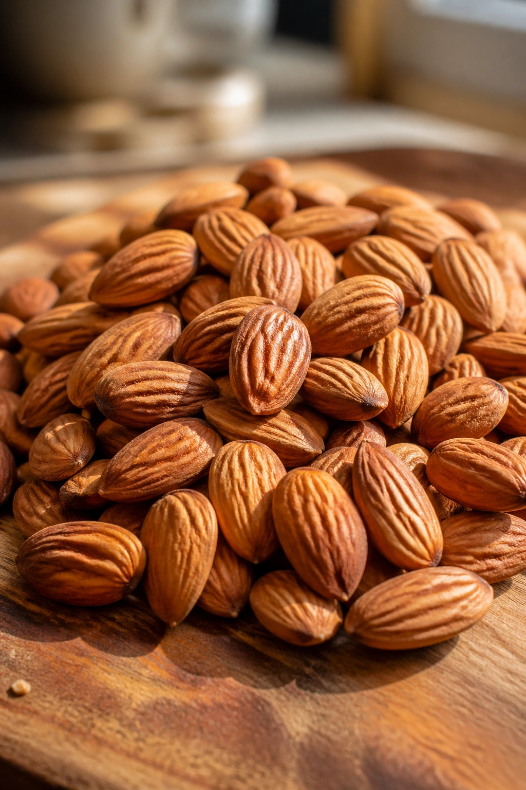 Close-up of almonds on a wooden cutting board, emphasizing brown textured kernels