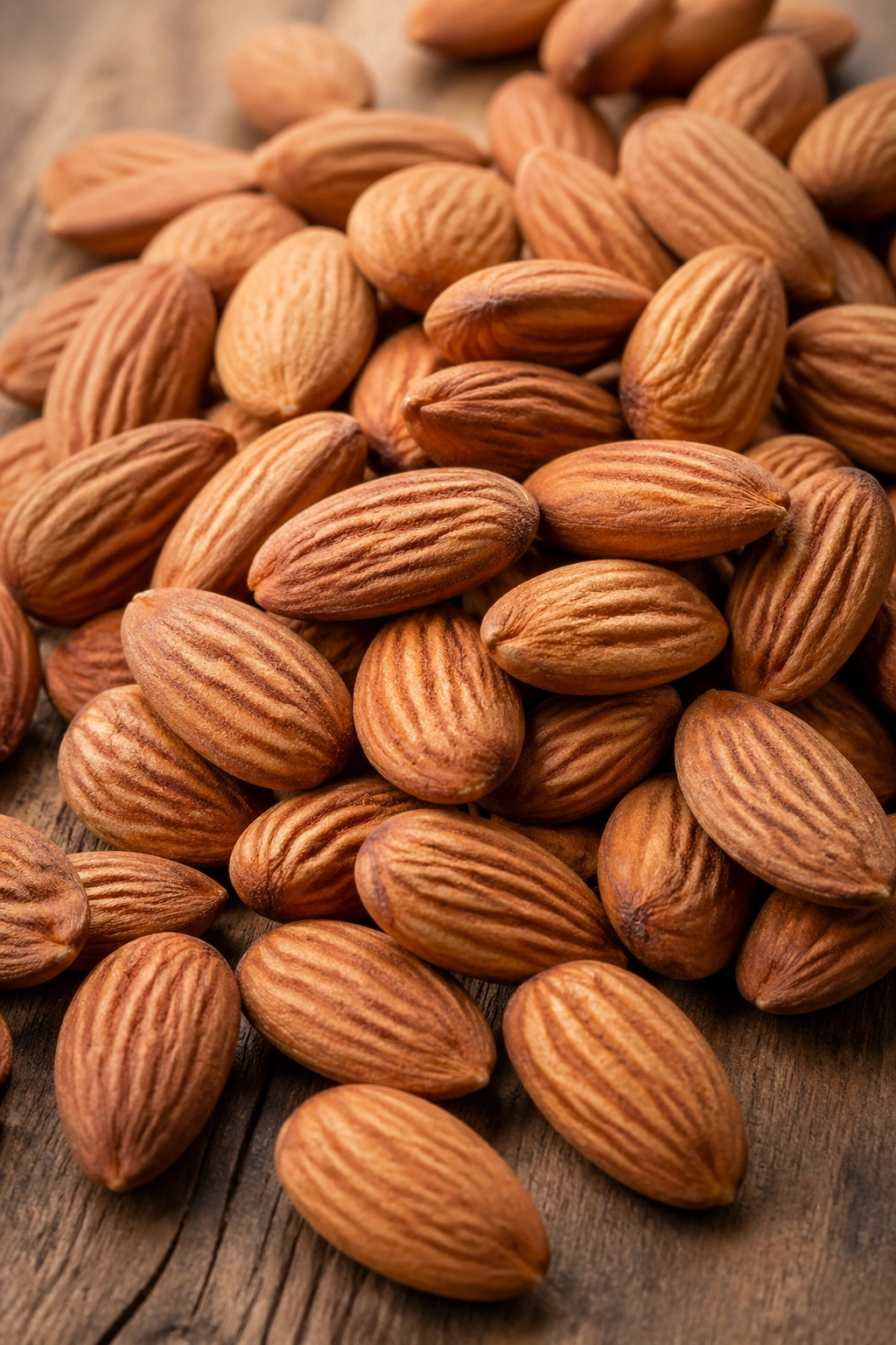 Heap of almonds close-up on wooden surface