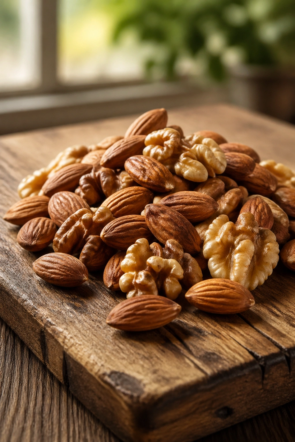 Close-up of almonds and walnuts on a rustic wooden cutting board