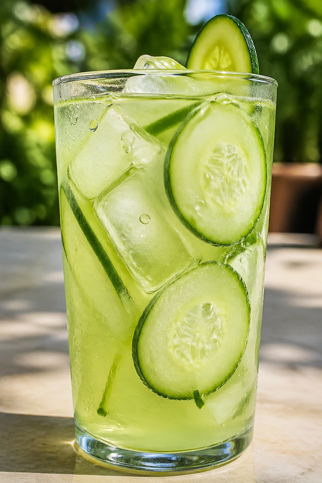 Tall glass of pale green aloe cucumber cooler on a sunny patio