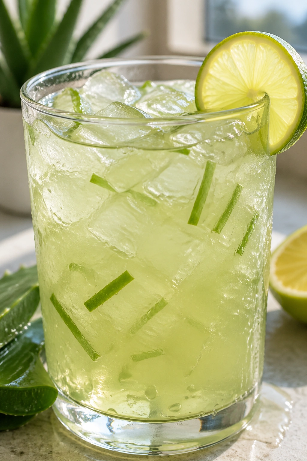 Glass of pale green aloe vera citrus cooler with lemon wedge on a bright kitchen counter.