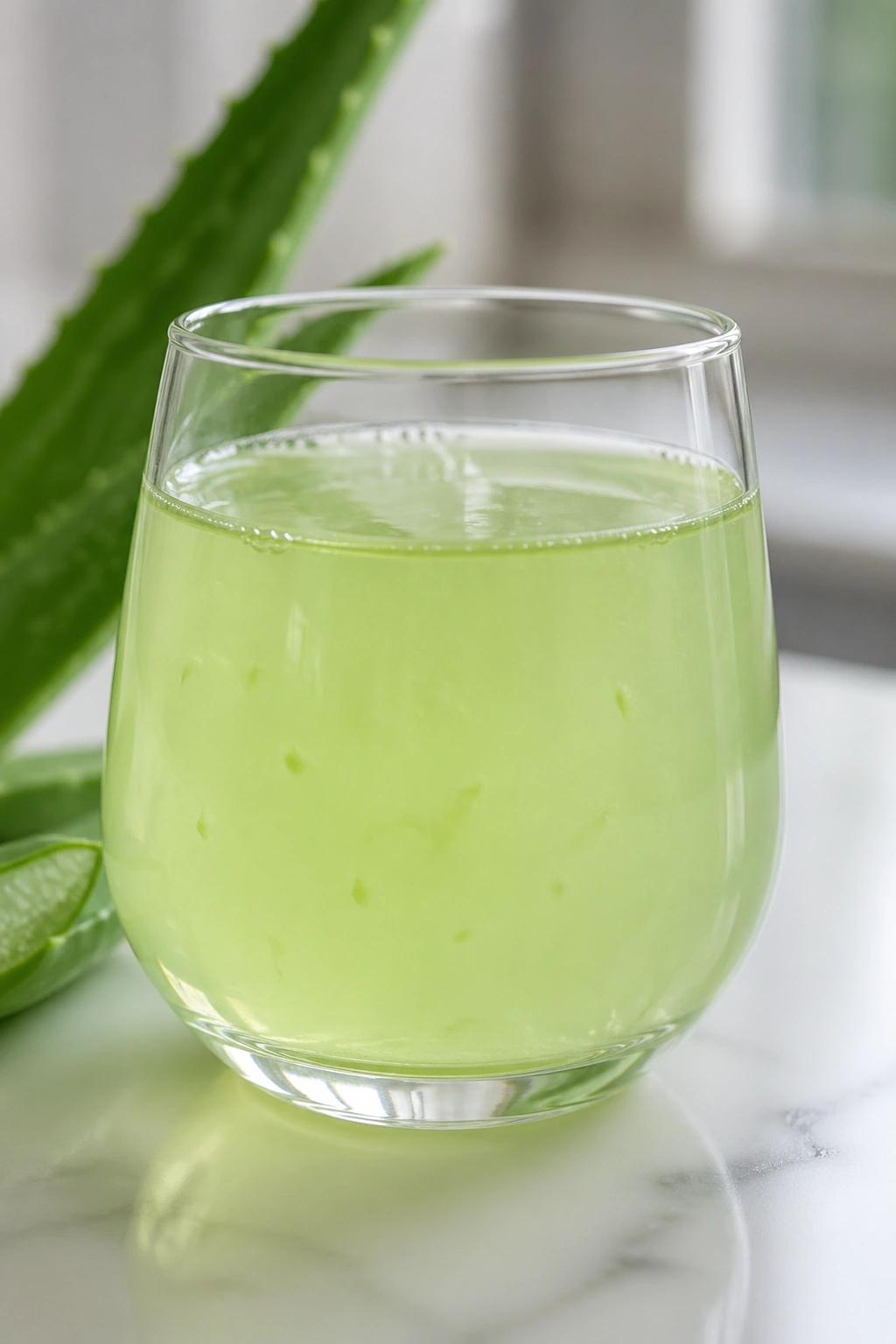 Close-up of pale green aloe vera juice in a glass on a kitchen counter