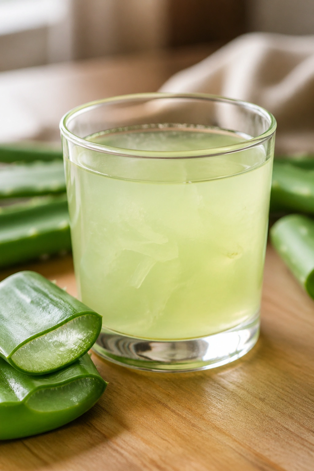 Close-up of pale green aloe vera juice in a glass on a morning table