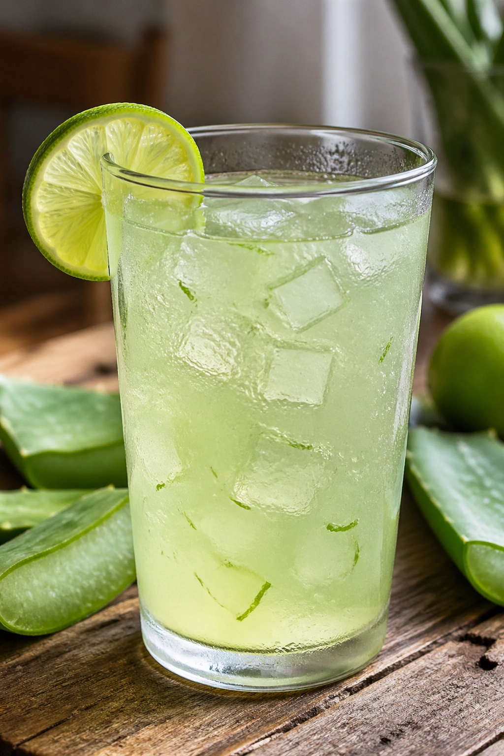 Close-up of Aloe Vera Water in a glass with lime on a wooden kitchen counter