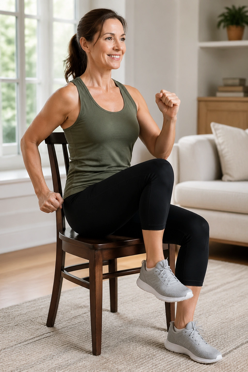 Person performing alternating chair marches in a bright living room