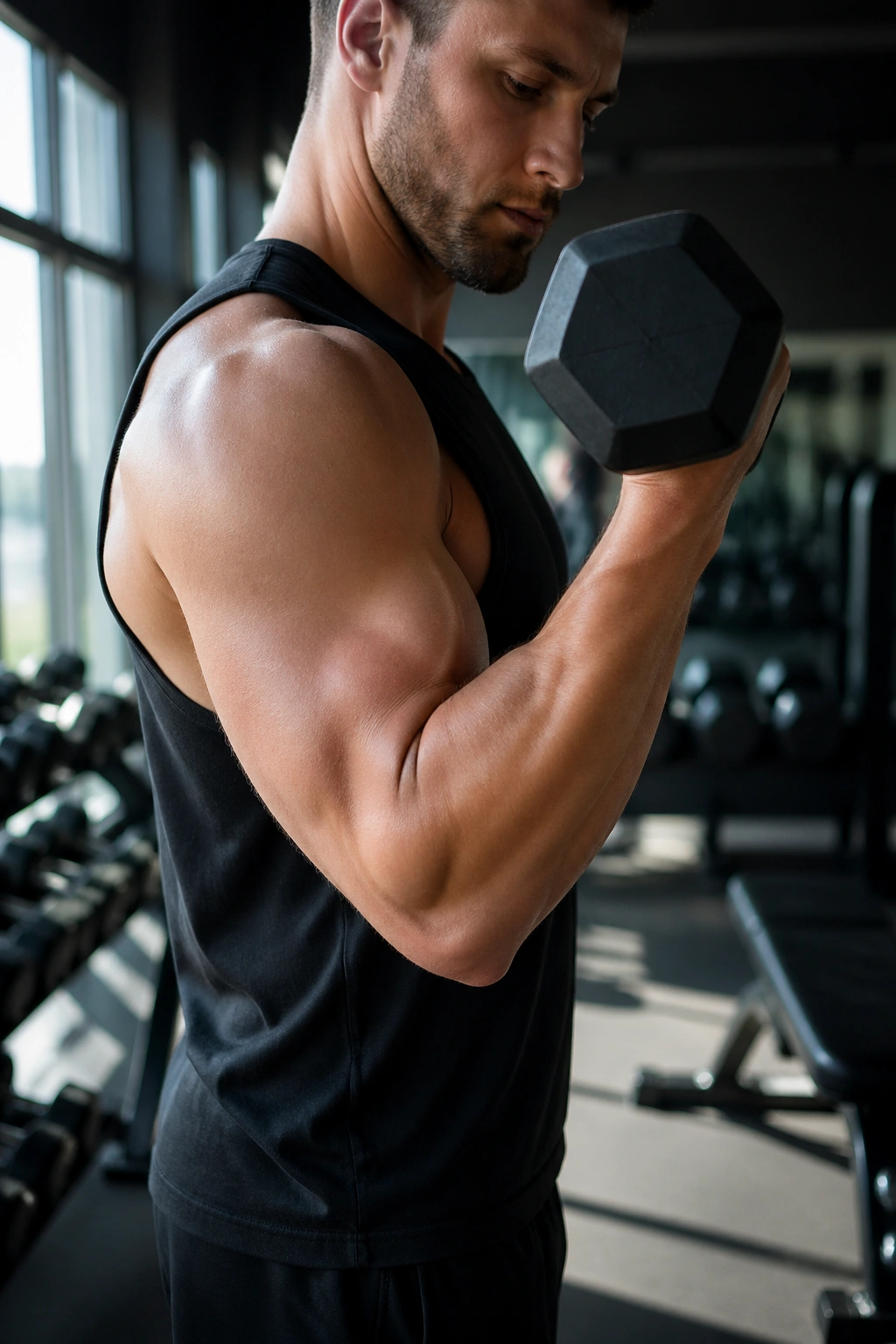 Close-up of a real person performing Alternating Dumbbell Curl, elbow near ribs and forearm flexing in gym lighting