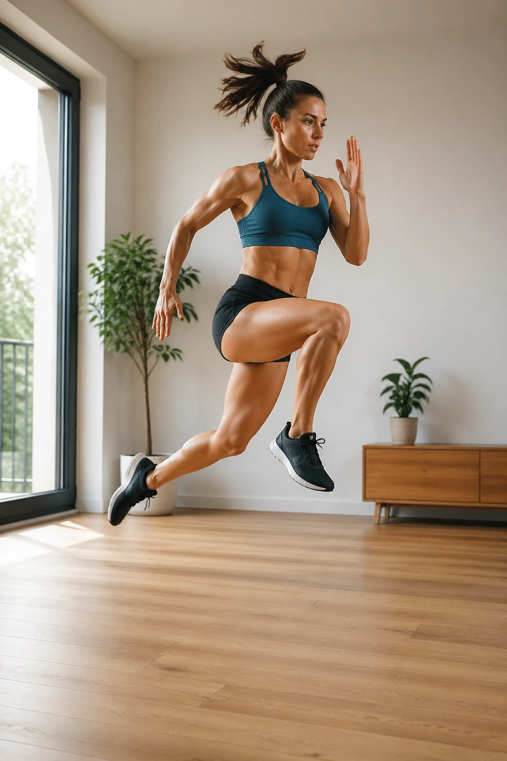 Mid-shot of a person performing alternating lunge jumps in a home workout space.