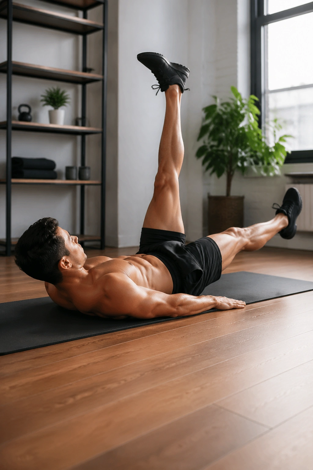 Alternating single-leg lowering on a mat showing core control and pelvic stability