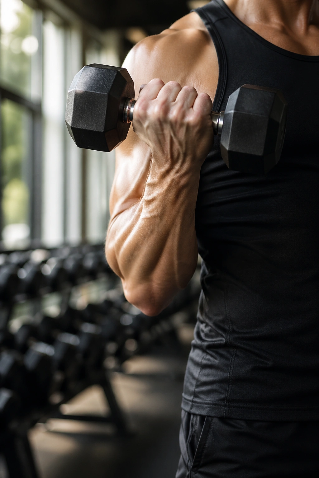 Close-up of forearm during alternating supinating curl with palm turning up in gym.