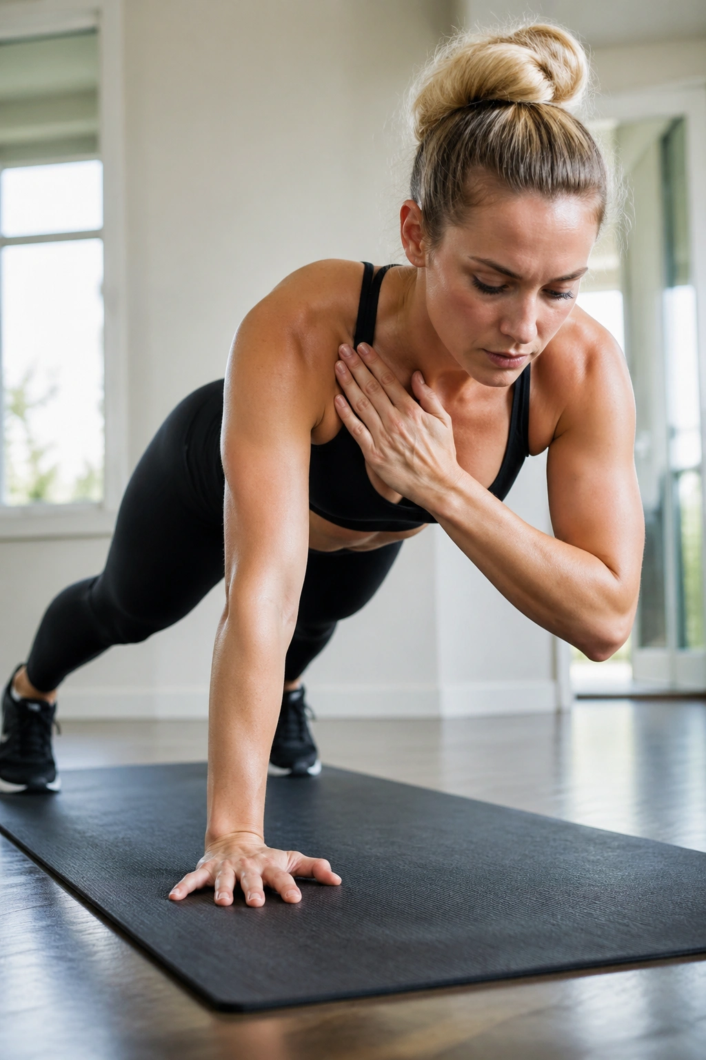 Front-view of person performing plank taps in a home gym