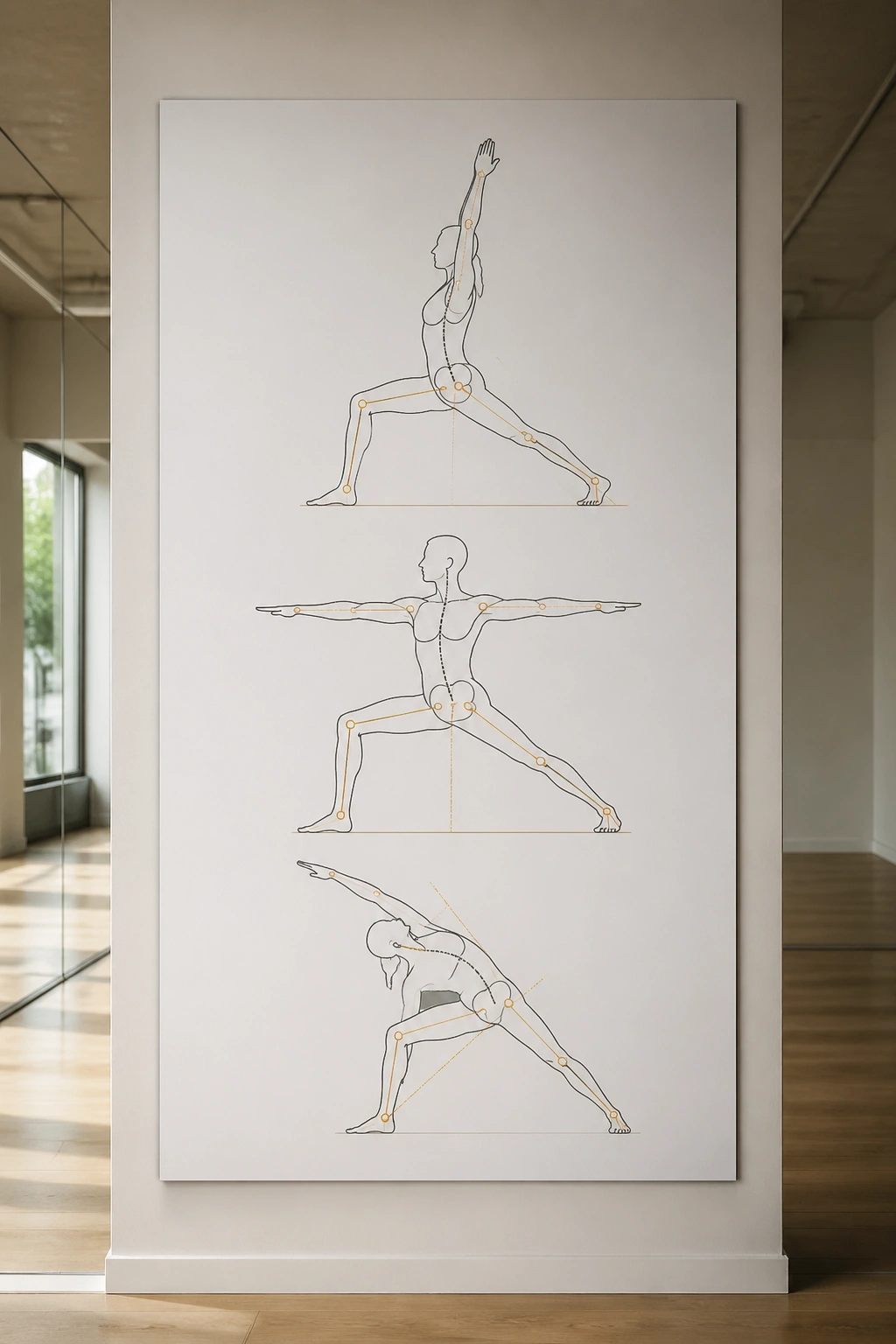 Graphic anatomy diagram of Warrior poses with overlay lines on a studio wall