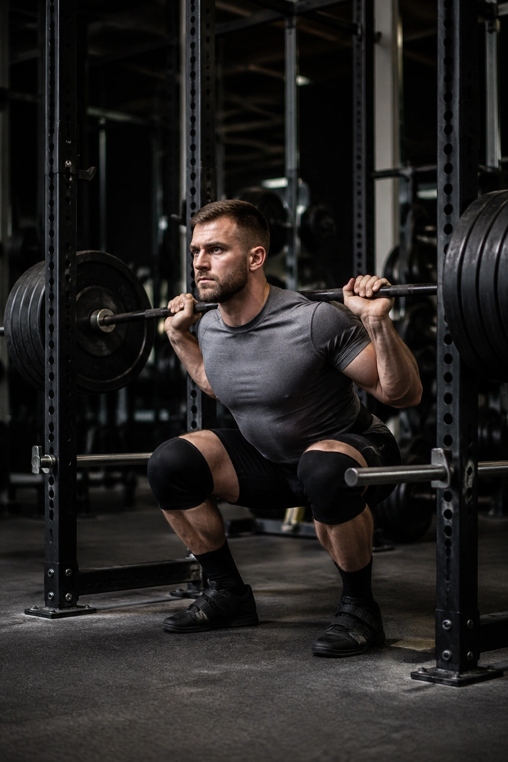 Lifter performing Anderson squat from pins at the bottom, torso braced and ready to press up