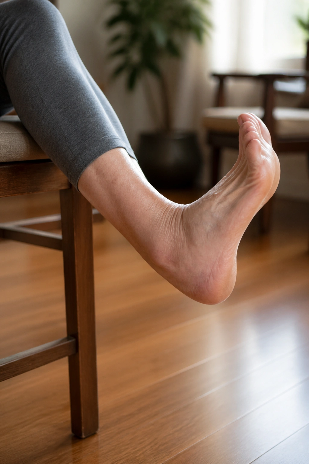 Senior foot demonstrating ankle pumps and circles in home setting