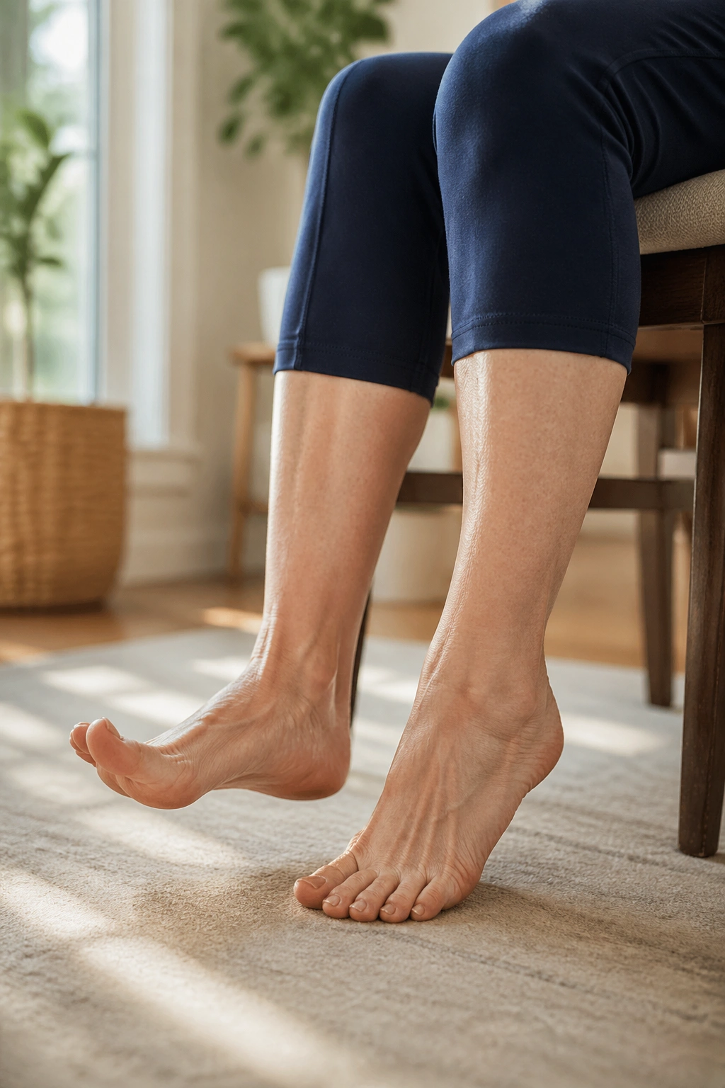 Senior feet performing ankle pumps and toe taps while seated in a chair.